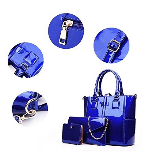 Yan Show Women's New Zipper Bag 3PCS Handbags Patent Leather Fashion Shoulder Bag Large Capacity Handbag, Blue