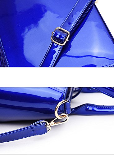 Yan Show Women's New Zipper Bag 3PCS Handbags Patent Leather Fashion Shoulder Bag Large Capacity Handbag, Blue