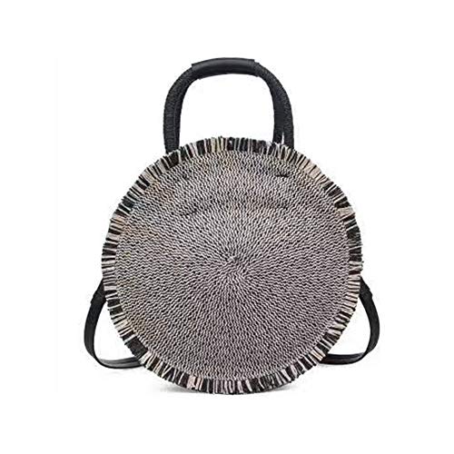 QTKJ Hand-Woven Round Straw Shoulder Bag Summer Beach Straw Tassel Big Tote Bag Crossbody with Removable Leather Shoulder Strap (Black)