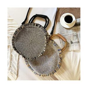 QTKJ Hand-Woven Round Straw Shoulder Bag Summer Beach Straw Tassel Big Tote Bag Crossbody with Removable Leather Shoulder Strap (Black)