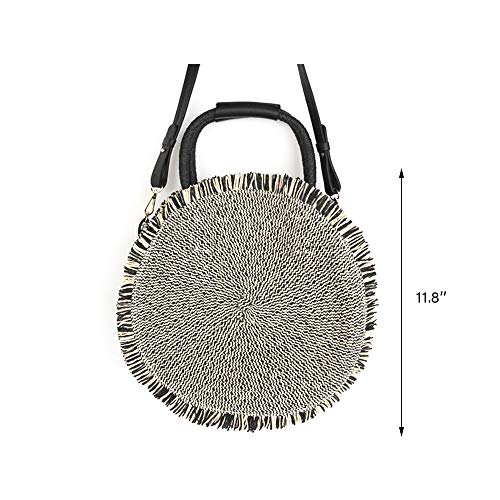 QTKJ Hand-Woven Round Straw Shoulder Bag Summer Beach Straw Tassel Big Tote Bag Crossbody with Removable Leather Shoulder Strap (Black)