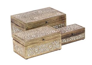 deco 79 mango wood floral box with hinged lid, set of 3 8″, 10″, 12″w, brown