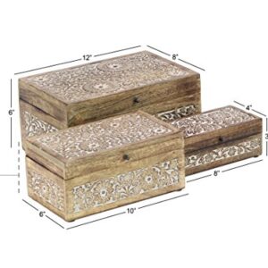 Deco 79 Mango Wood Floral Box with Hinged Lid, Set of 3 8", 10", 12"W, Brown