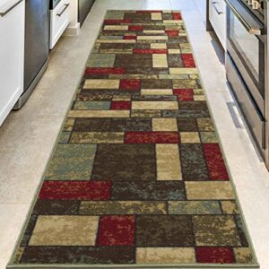 machine washable boxes design non-slip rubberback 3×10 traditional runner rug for hallway, kitchen, bedroom, living room, 2’7″ x 9’10”, multicolor