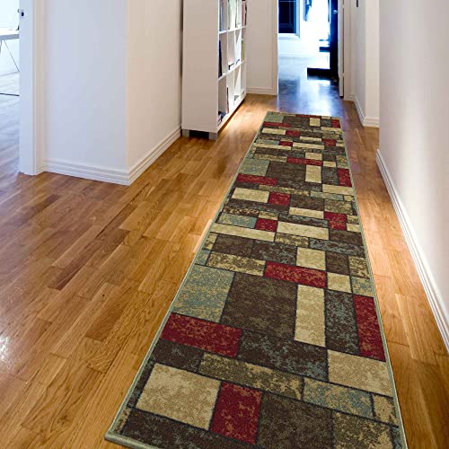Machine Washable Boxes Design Non-Slip Rubberback 3x10 Traditional Runner Rug for Hallway, Kitchen, Bedroom, Living Room, 2'7" x 9'10", Multicolor
