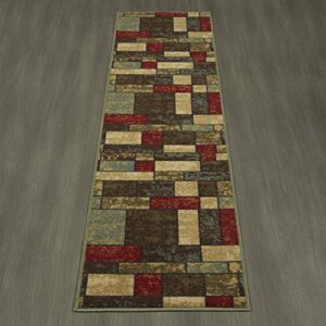 Machine Washable Boxes Design Non-Slip Rubberback 3x10 Traditional Runner Rug for Hallway, Kitchen, Bedroom, Living Room, 2'7" x 9'10", Multicolor