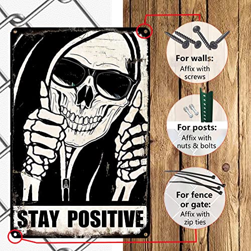 Funny Skull Tin Sign Gothic Room Decor Vintage Aesthetic Stay Positive Metal Signs Edgy Decoration For Home Kitchen Bedroom 8x12 Inch