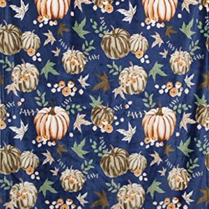 Fall Decor Throw Blanket: Soft Orange White Pumpkins Leaves and Berries on Slate Blue Background for Living Room Couch Bed Chair or Dorm