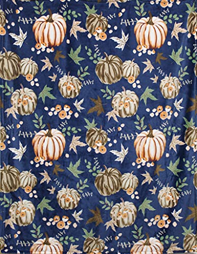 Fall Decor Throw Blanket: Soft Orange White Pumpkins Leaves and Berries on Slate Blue Background for Living Room Couch Bed Chair or Dorm