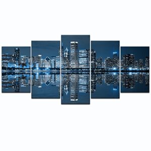 levvarts – chicago downtown at night picture canvas print – modern city wall art – 5 panels framed artwork for office living room wall decoration