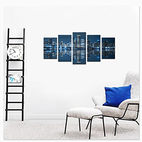 LevvArts - Chicago Downtown at Night Picture Canvas Print - Modern City Wall Art - 5 Panels Framed Artwork for Office Living Room Wall Decoration