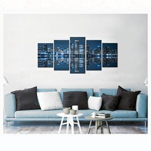 LevvArts - Chicago Downtown at Night Picture Canvas Print - Modern City Wall Art - 5 Panels Framed Artwork for Office Living Room Wall Decoration