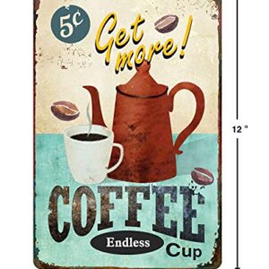 GSS Designs Get More Coffee Cup Metal Tin sign (12x8 Inch) - Retro Tin Sign for Kitchen Wall Home Decor (MTS-001)