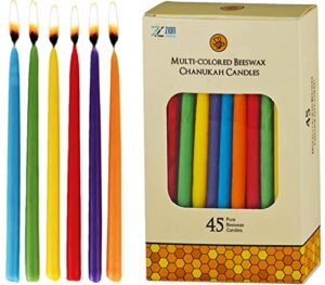 zion judaica hanukkah deluxe nartural beeswax candles 5.75″ tall for multi colored bee wax candle set of 45 for chanukah menorah, parties, decorations
