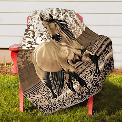 Elegant Western Galloping Horse Fleece Throw Blanket – Lightweight Super Soft Polyester Blanket for Couch Chair Sofa Living Room – 63"x73" Large Brown Horse Printed Blanket