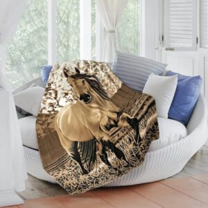 Elegant Western Galloping Horse Fleece Throw Blanket – Lightweight Super Soft Polyester Blanket for Couch Chair Sofa Living Room – 63"x73" Large Brown Horse Printed Blanket