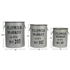 Creative Co-Op Decorative Round Metal Buckets with Handles and "Flower Market" Message, Set of 3 Sizes, Distressed Silver