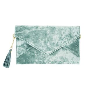 Premium Large Crushed Velvet Tassel Envelope Flap Clutch Evening Bag Purse, T Blue