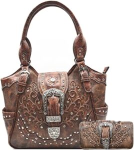 western style tooled leather floral women conceal carry purse buckle handbags country shoulder bags wallet set brown