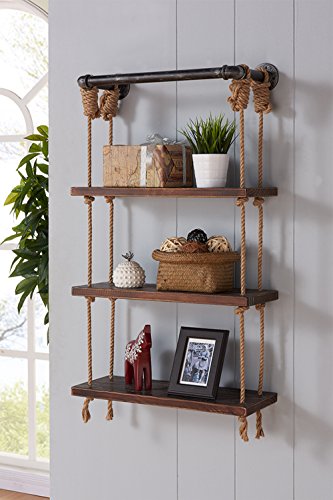 Armen Living Brannon 24" Accent Shelf in Walnut Wood Finish with Grey Piping