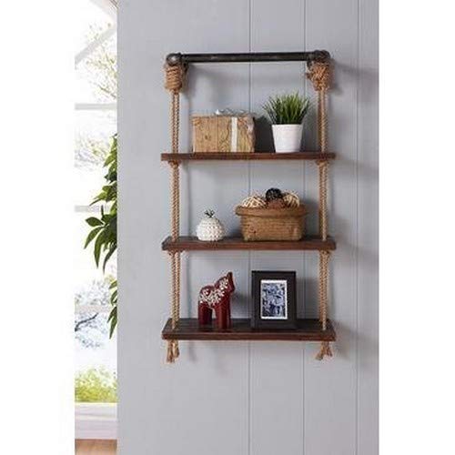 Armen Living Brannon 24" Accent Shelf in Walnut Wood Finish with Grey Piping