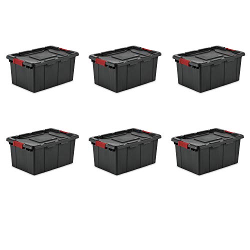 Sterilite 14649006 15 Gallon/57 Liter Industrial Tote, Black Lid & Base w/ Racer Red Latches, 6-Pack