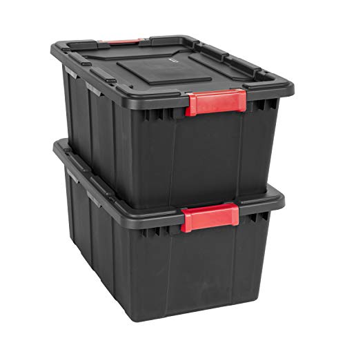 Sterilite 14649006 15 Gallon/57 Liter Industrial Tote, Black Lid & Base w/ Racer Red Latches, 6-Pack