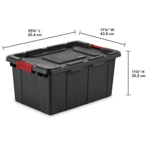 Sterilite 14649006 15 Gallon/57 Liter Industrial Tote, Black Lid & Base w/ Racer Red Latches, 6-Pack