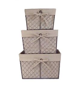 dii farmhouse chicken wire storage baskets with liner, set of 3, rustic natural, assorted sizes