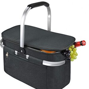Picnic Basket Foldable Insulated with lid 32L Extra Large Insulated Bag for Picnic, Food Delivery, Take Outs, Grocery Shopping, and as Cooler Bag. Foldable Design