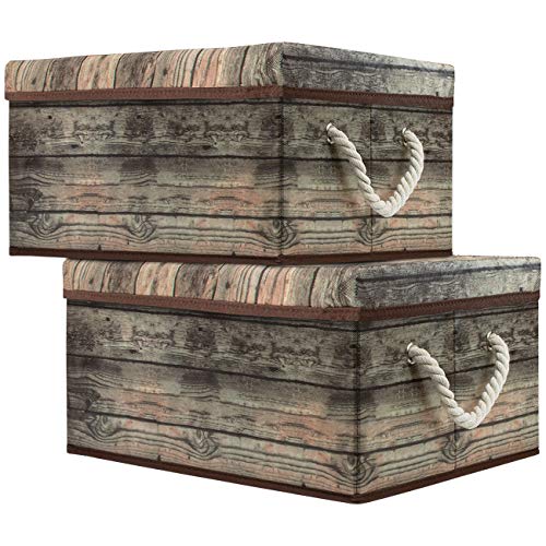 Sorbus Storage Box Set with Lid, Carry Handles, Foldable Frame, Rustic Wood Grain Print Bins, Great for Toys, Memorabilia, Closet, Office, Bedroom, 2-Pack (Wood Box Set - Brown)