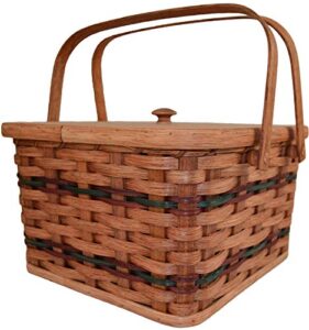 amish handmade large square double pie carrier basket with inside tray, lid, and two swinging carrier handles. possibility of fresh stain odor, will need to be aired out upon product arrival. colors may vary.