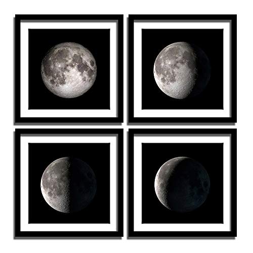 ENGLANT - 4 Pieces Framed Moon Phases Canvas Wall Art, Black and White Bedroom Wall Decor, Abstract Giclee Space Artwork with Matting and Acrylic Panel Sealing, for Home and Office Decoration