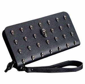 yesiyan women’s vintage punk leather card holder wallet skull clutch purse black