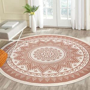 shacos 4 ft round rug boho mandala woven cotton area rug washable chic decorative circle rug with tassels for living room bedroom kids room (4 ft, peacock flower)