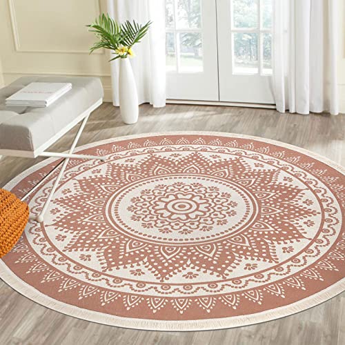 SHACOS 4 Ft Round Rug Boho Mandala Woven Cotton Area Rug Washable Chic Decorative Circle Rug with Tassels for Living Room Bedroom Kids Room (4 ft, Peacock Flower)