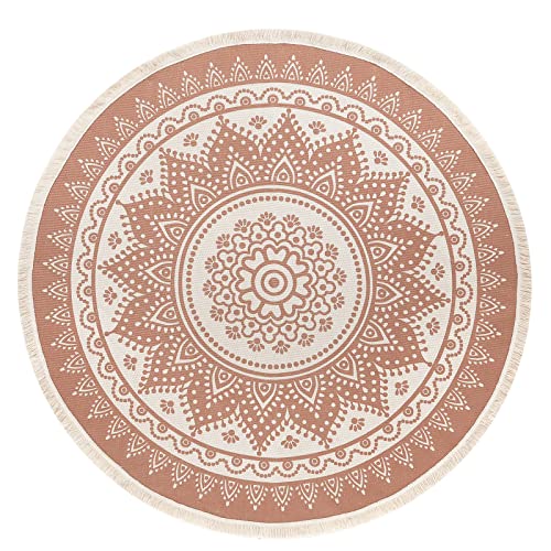 SHACOS 4 Ft Round Rug Boho Mandala Woven Cotton Area Rug Washable Chic Decorative Circle Rug with Tassels for Living Room Bedroom Kids Room (4 ft, Peacock Flower)