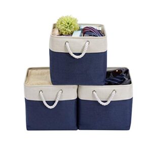 decomomo cube storage organizer bins | box storage cube basket with handles fabric cloth bins for organizing shelf nursery home closet (navy blue & white, 13 x 13 x 13 inch – 3 pack)