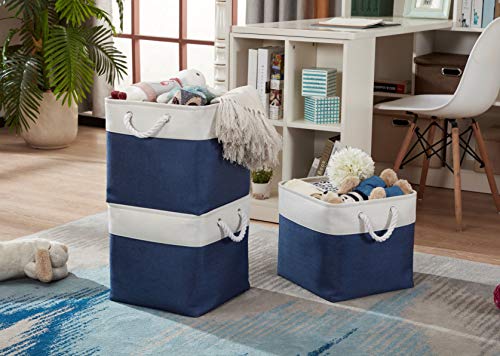 DECOMOMO Cube Storage Organizer Bins | Box Storage Cube Basket with Handles Fabric Cloth Bins for Organizing Shelf Nursery Home Closet (Navy Blue & White, 13 x 13 x 13 inch - 3 Pack)