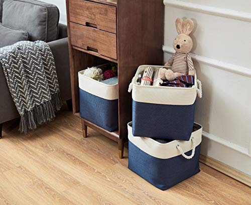 DECOMOMO Cube Storage Organizer Bins | Box Storage Cube Basket with Handles Fabric Cloth Bins for Organizing Shelf Nursery Home Closet (Navy Blue & White, 13 x 13 x 13 inch - 3 Pack)