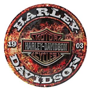 harley-davidson embossed stone rust bar & shield tin sign, round 14 inch 2011171