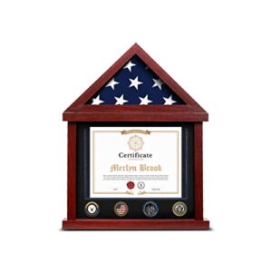 flybold small flag case for american veteran burial flag – solid wood military shadow box with wall mount fits a 3 x 5 ft folded flag display case set with certificate holder – mahogany frame