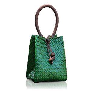 qtkj hand-woven mini retro straw handbag bag summer beach boho rattan tote travel bag with wood beaded tassel pendant (green)