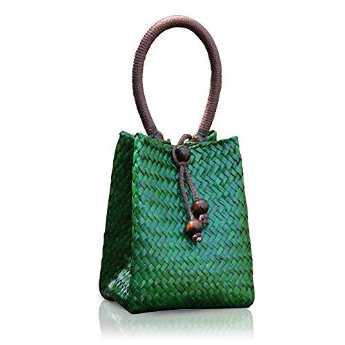 QTKJ Hand-woven Mini Retro Straw Handbag Bag Summer Beach Boho Rattan Tote Travel Bag with Wood Beaded Tassel Pendant (Green)