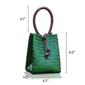 QTKJ Hand-woven Mini Retro Straw Handbag Bag Summer Beach Boho Rattan Tote Travel Bag with Wood Beaded Tassel Pendant (Green)