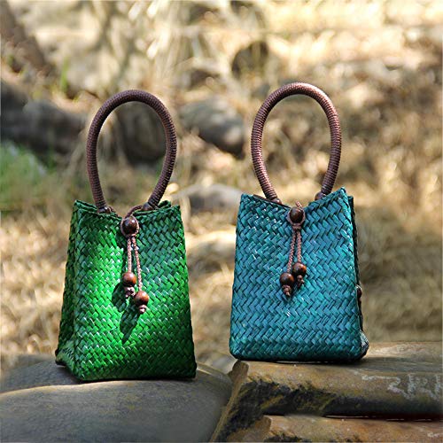 QTKJ Hand-woven Mini Retro Straw Handbag Bag Summer Beach Boho Rattan Tote Travel Bag with Wood Beaded Tassel Pendant (Green)