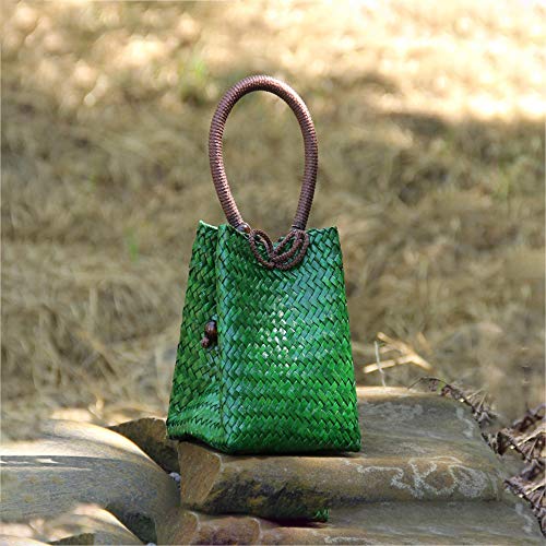 QTKJ Hand-woven Mini Retro Straw Handbag Bag Summer Beach Boho Rattan Tote Travel Bag with Wood Beaded Tassel Pendant (Green)