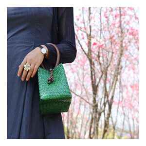 QTKJ Hand-woven Mini Retro Straw Handbag Bag Summer Beach Boho Rattan Tote Travel Bag with Wood Beaded Tassel Pendant (Green)