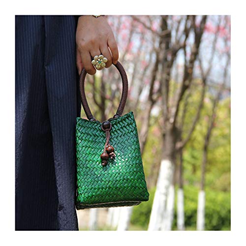 QTKJ Hand-woven Mini Retro Straw Handbag Bag Summer Beach Boho Rattan Tote Travel Bag with Wood Beaded Tassel Pendant (Green)