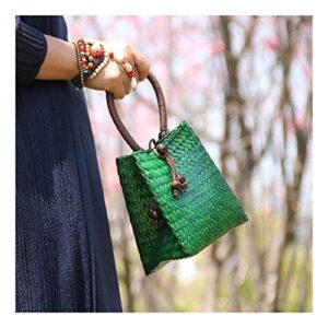 QTKJ Hand-woven Mini Retro Straw Handbag Bag Summer Beach Boho Rattan Tote Travel Bag with Wood Beaded Tassel Pendant (Green)